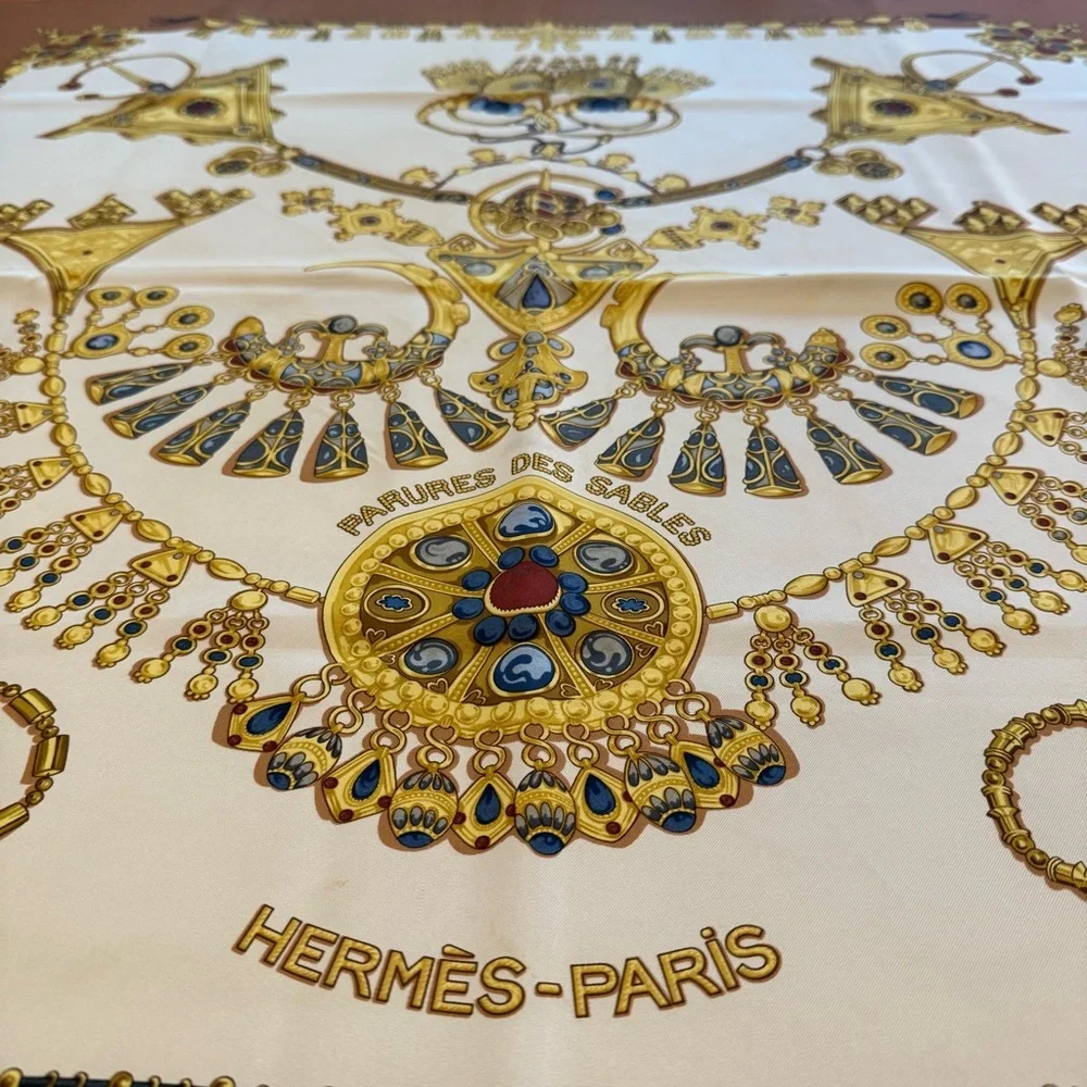 Hermès Paris Brown and Gold Silk Scarf